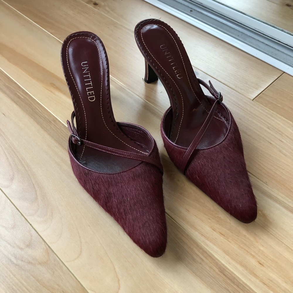 Wine red pointed toe pony hair mules
